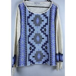 Wildfox Sz S Aztec Geometric Blue Coated Front LS Oversized Sweater USA